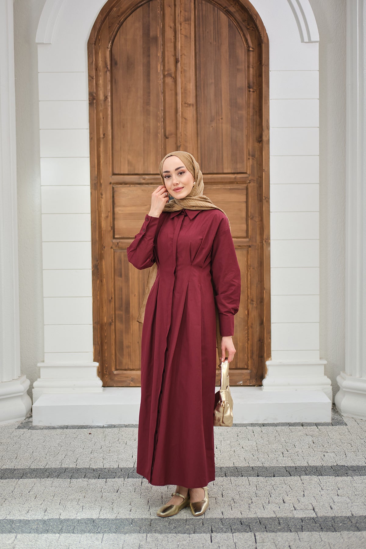 Pleated Shirt Collar Hidden Button Dress