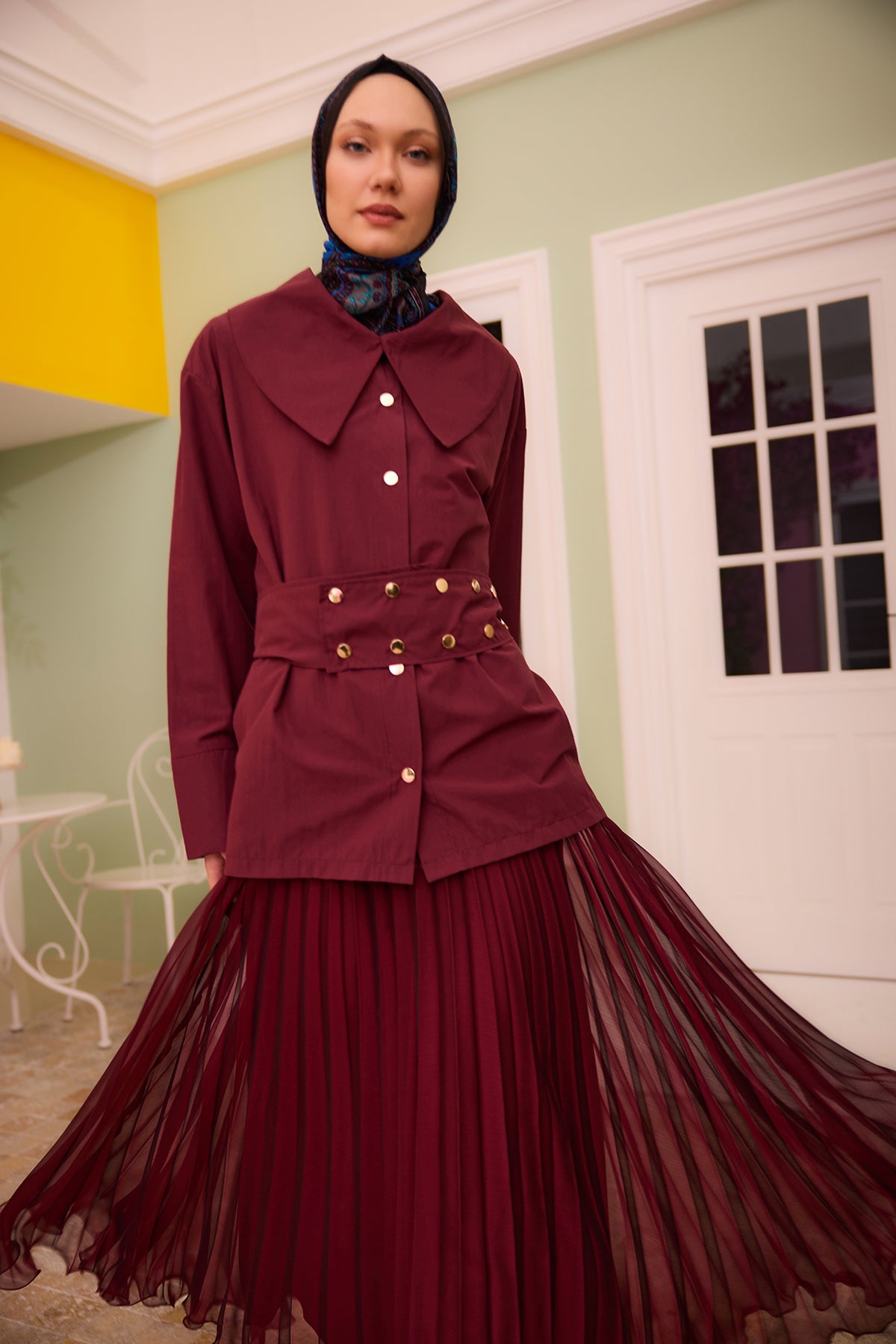 Burgundy Shirt with Gold Button and Belt Details Bordo / L-XL Burgundy Shirt with Gold Button and Belt Details Bordo / L-XL